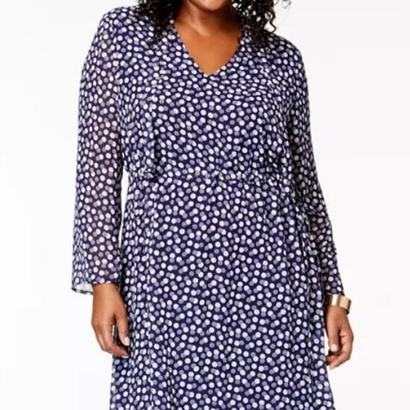 NWT 24W ANNE KLEIN FIT FLARE Eclipse/white Print Tie-waist Drawstring Midi Dress - Picture 2 of 11